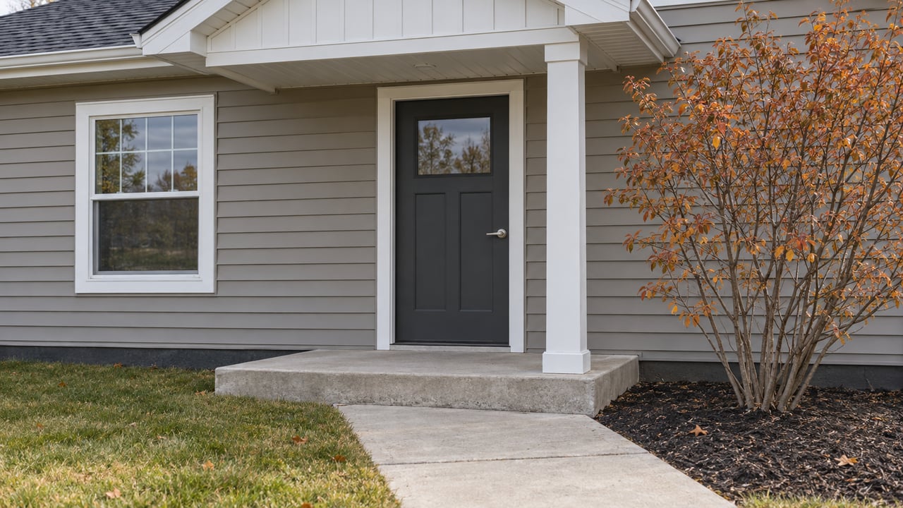 Gray-sided ranch entry with a charcoal door, white porch post, concrete stoop, and copper-leaved serviceberry beside an autumn lawn.