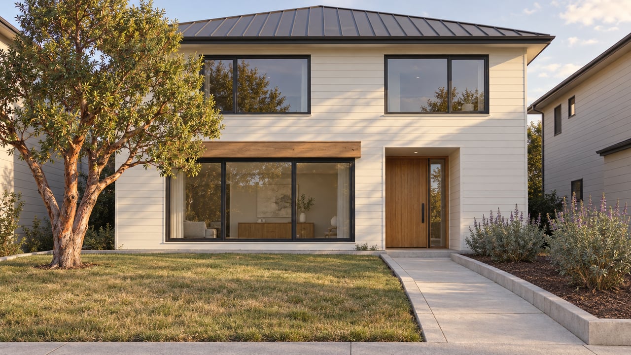 Two-story home with off-white siding, dark-framed windows, a timber beam and a deep front garden with a sculptural strawberry tree.