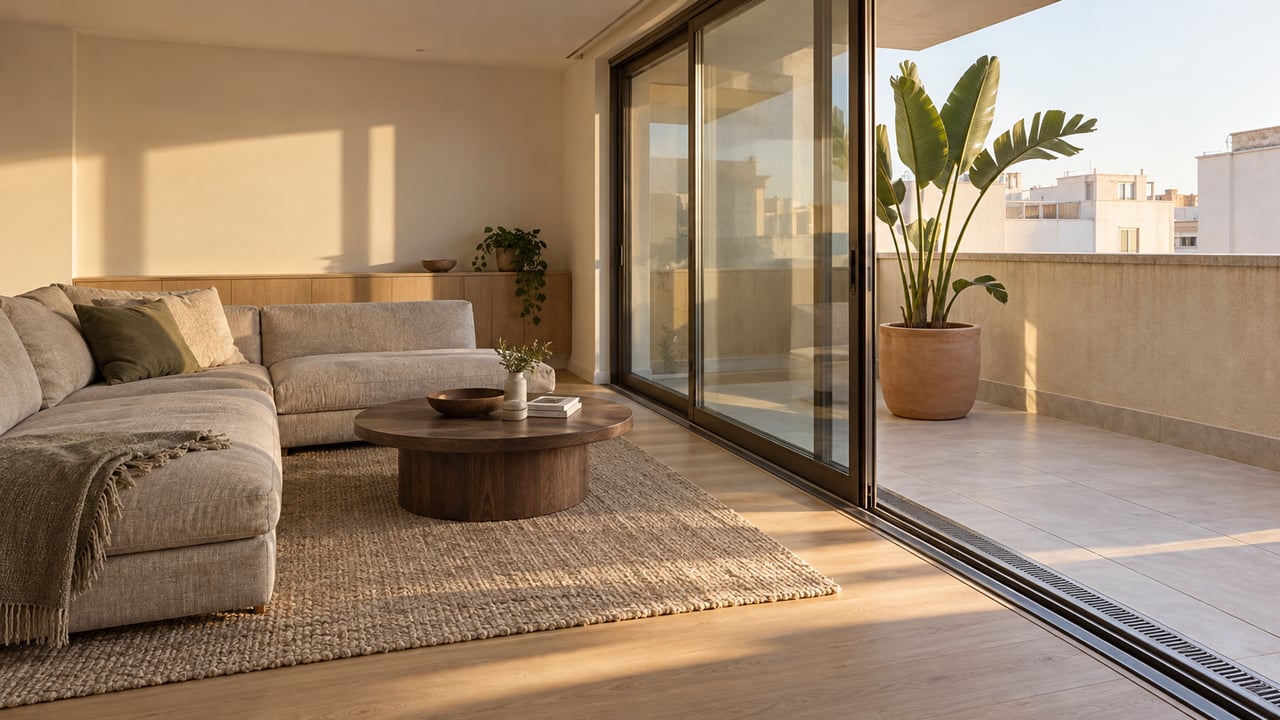 An airy condominium living room with pale oak floors, a linen sofa and bronze-framed sliding glass doors opening onto a small stucco-walled terrace.