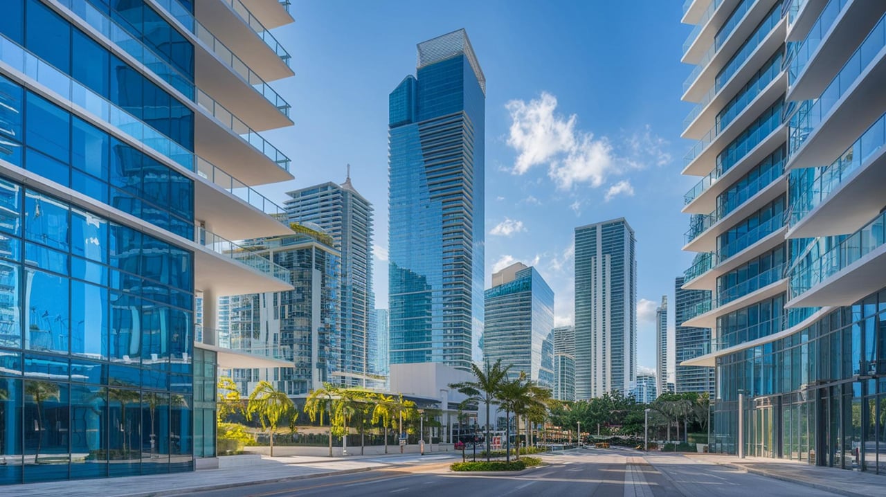 Modern glass skyscrapers rise beyond a palm-lined street, framed by reflective apartment towers.