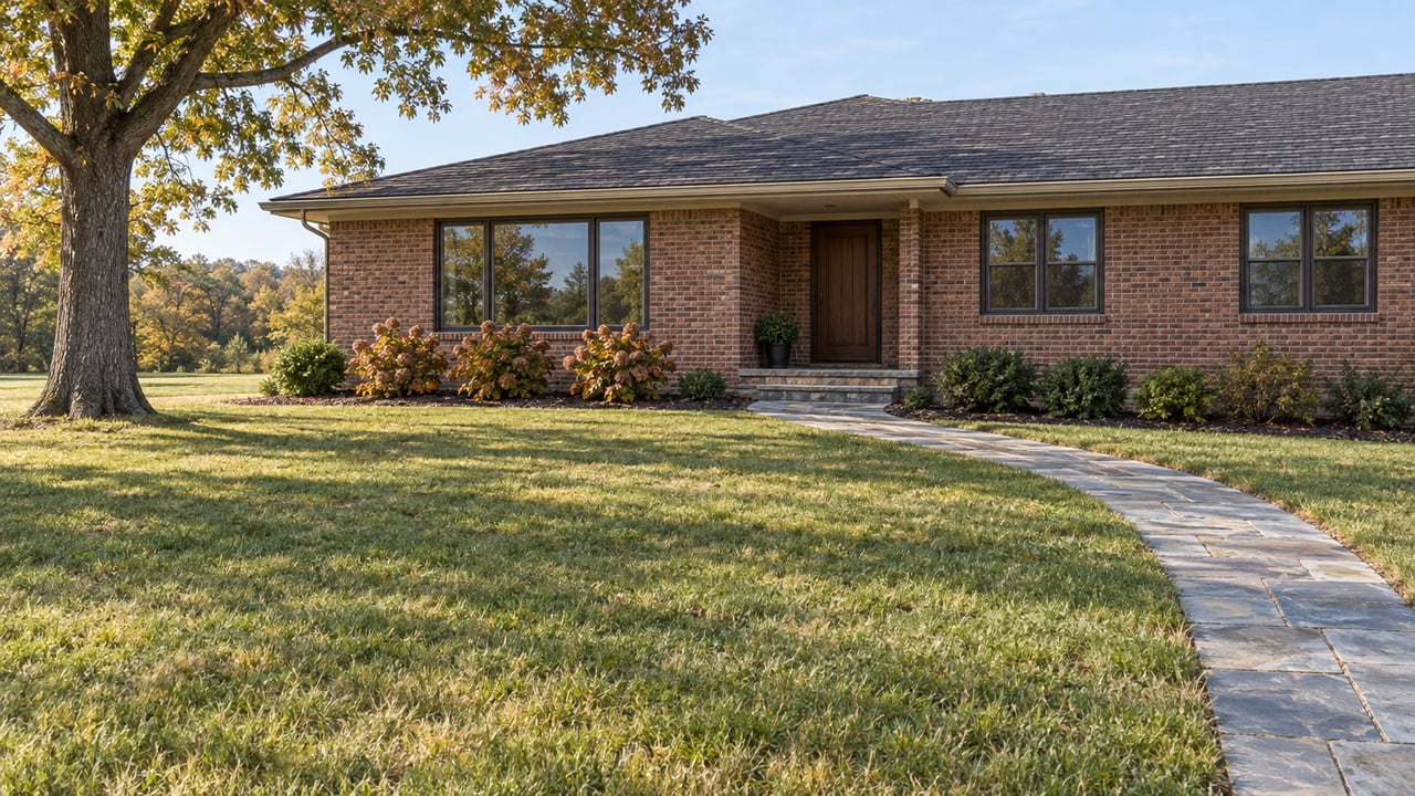 A long brick home beyond a deep lawn, with a curved bluestone approach, mature white oak and autumn oakleaf hydrangeas.