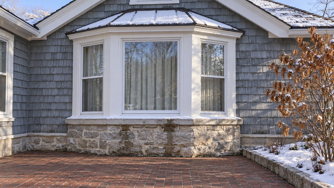 Blue-gray shingled cottage bay window above a limestone base and brick terrace, with snow on the roof and a bare witch hazel beside the house.