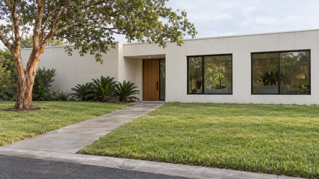 Single-story warm-white stucco house with a recessed oak door, front lawn, concrete walk, and peeling-bark tree.