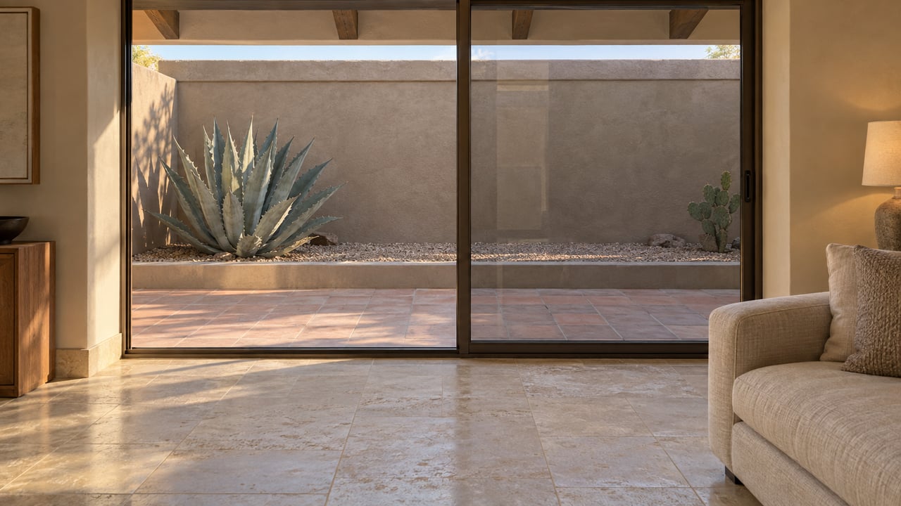 Living room with limestone floors and a linen sofa, looking through sliding glass doors to a stucco courtyard with agave.