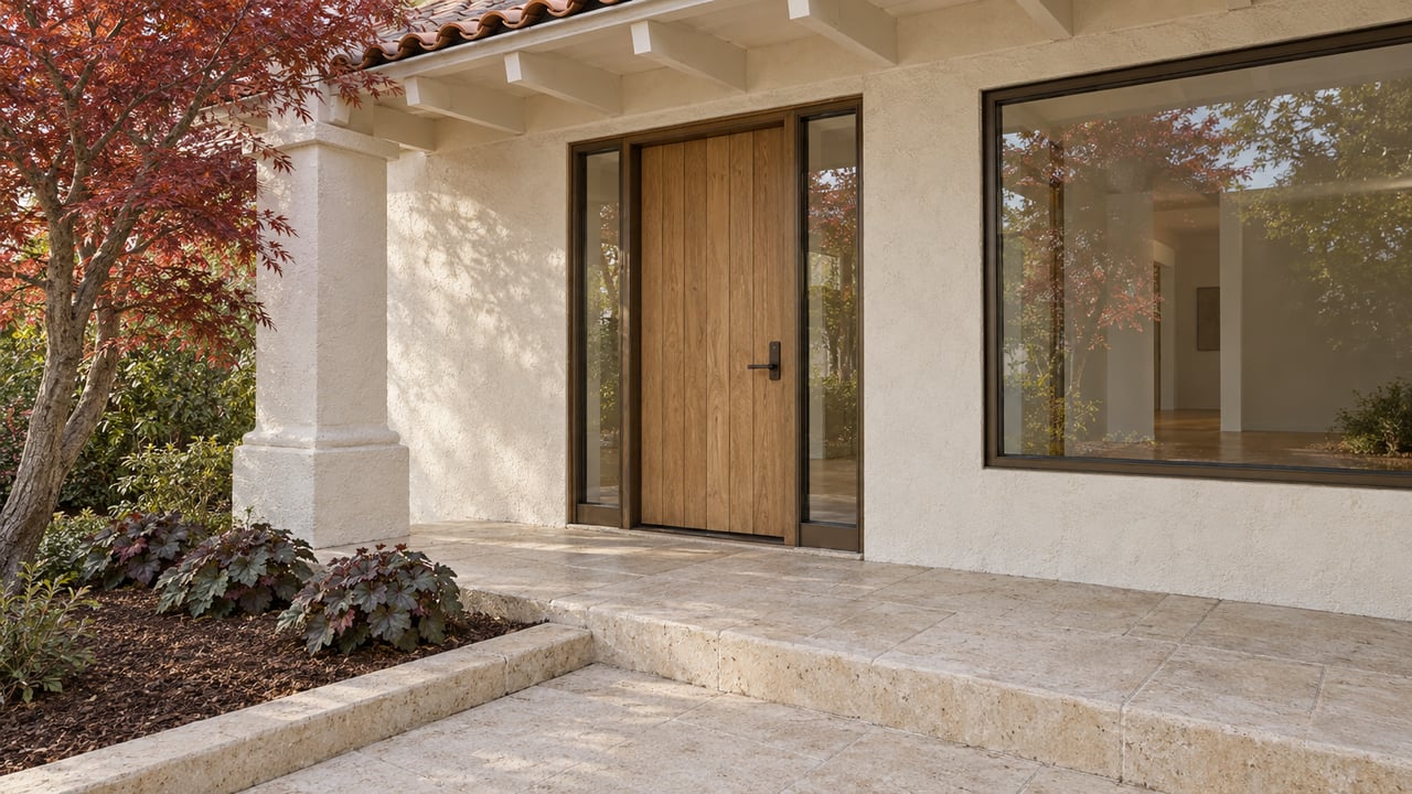 Ivory stucco home entry with a natural oak door, bronze-framed glazing, limestone steps and a burgundy Japanese maple.