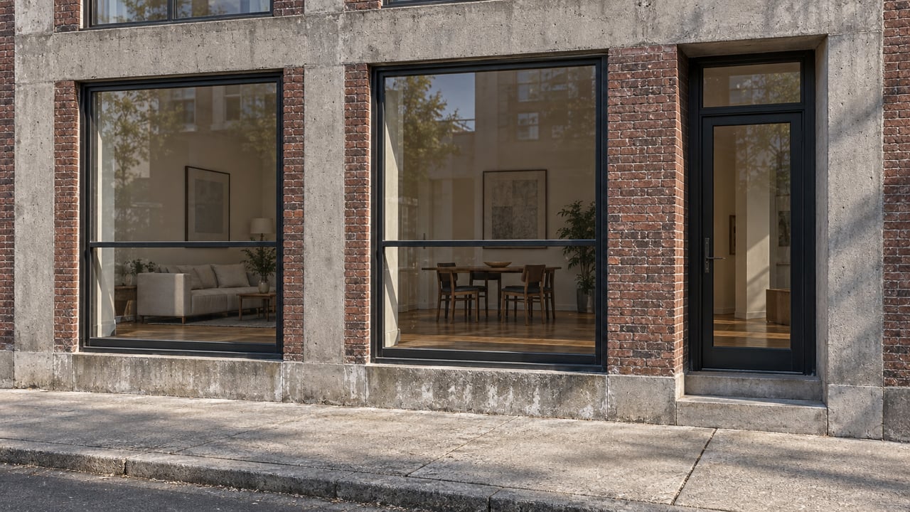 Weathered brick-and-concrete facade with two broad glazed bays and a recessed glass entry.