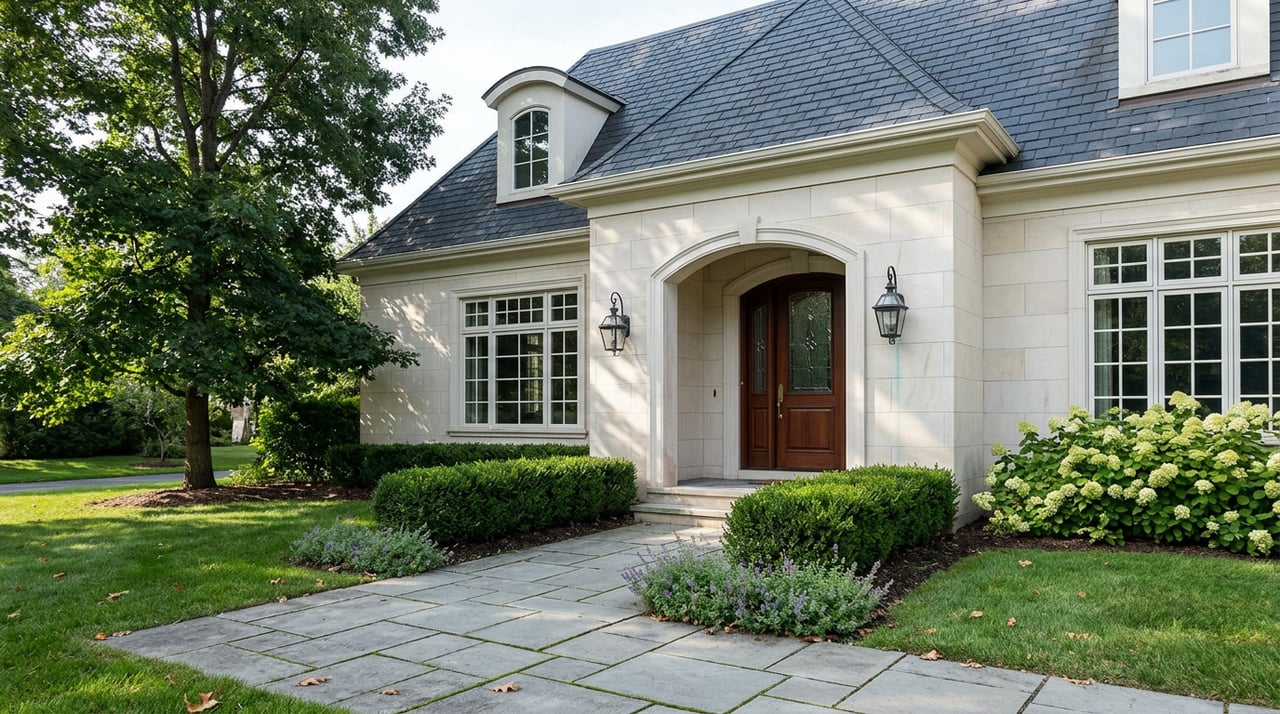 Arched limestone entry portico with a mahogany door, black iron lantern, and slate roof dormer.