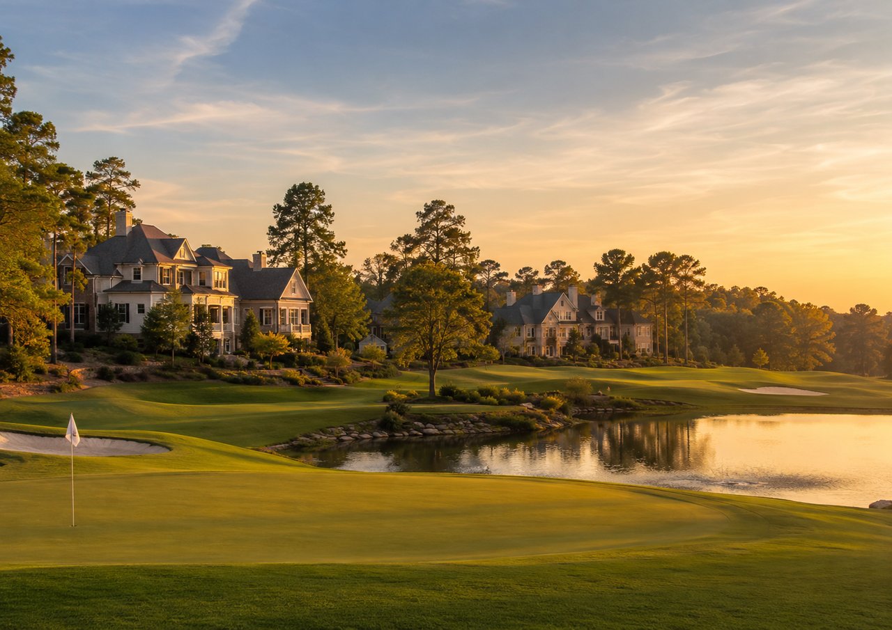 Luxury homes overlooking a golf course, pond and putting green in a Triangle-area community.
