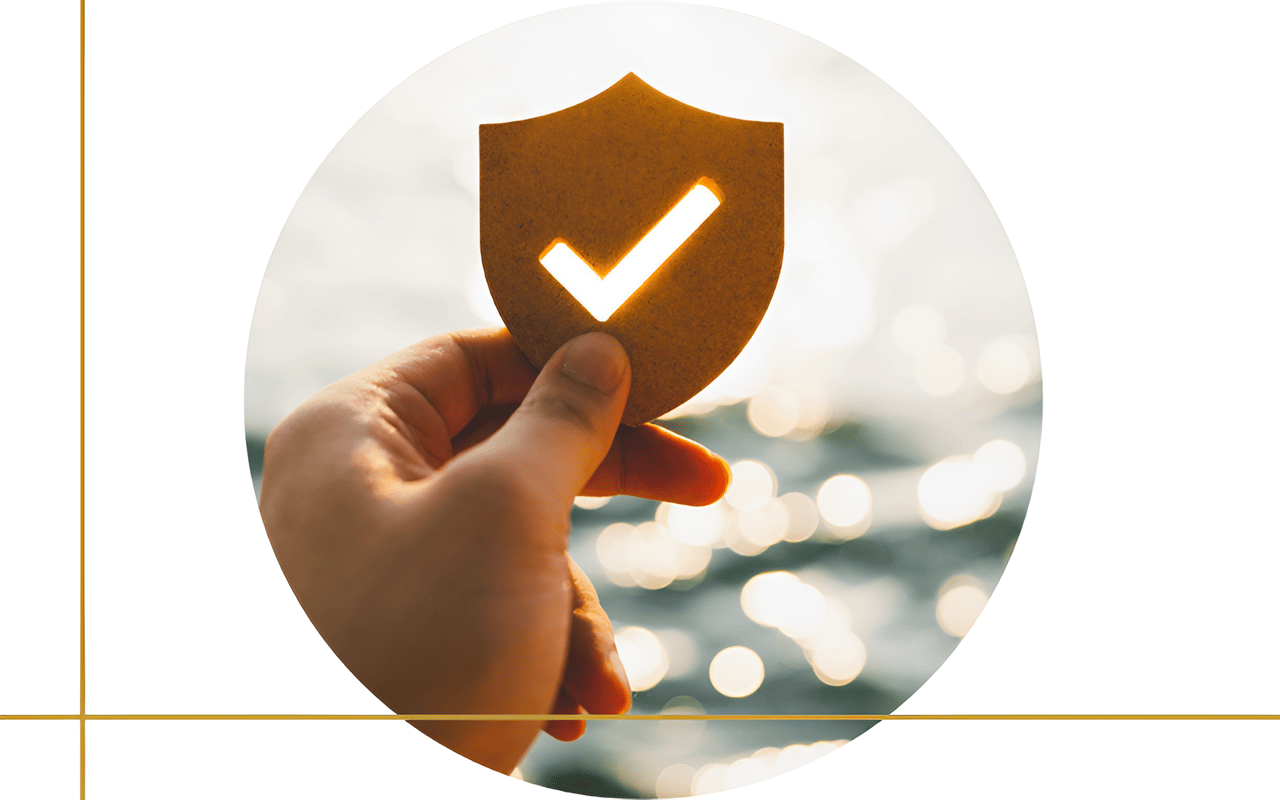Hand holding a shield with a check mark against a sunlit background.