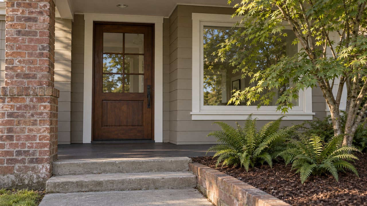 A glazed dark timber front door between a red-brown brick pier and white-trimmed window, above concrete steps.