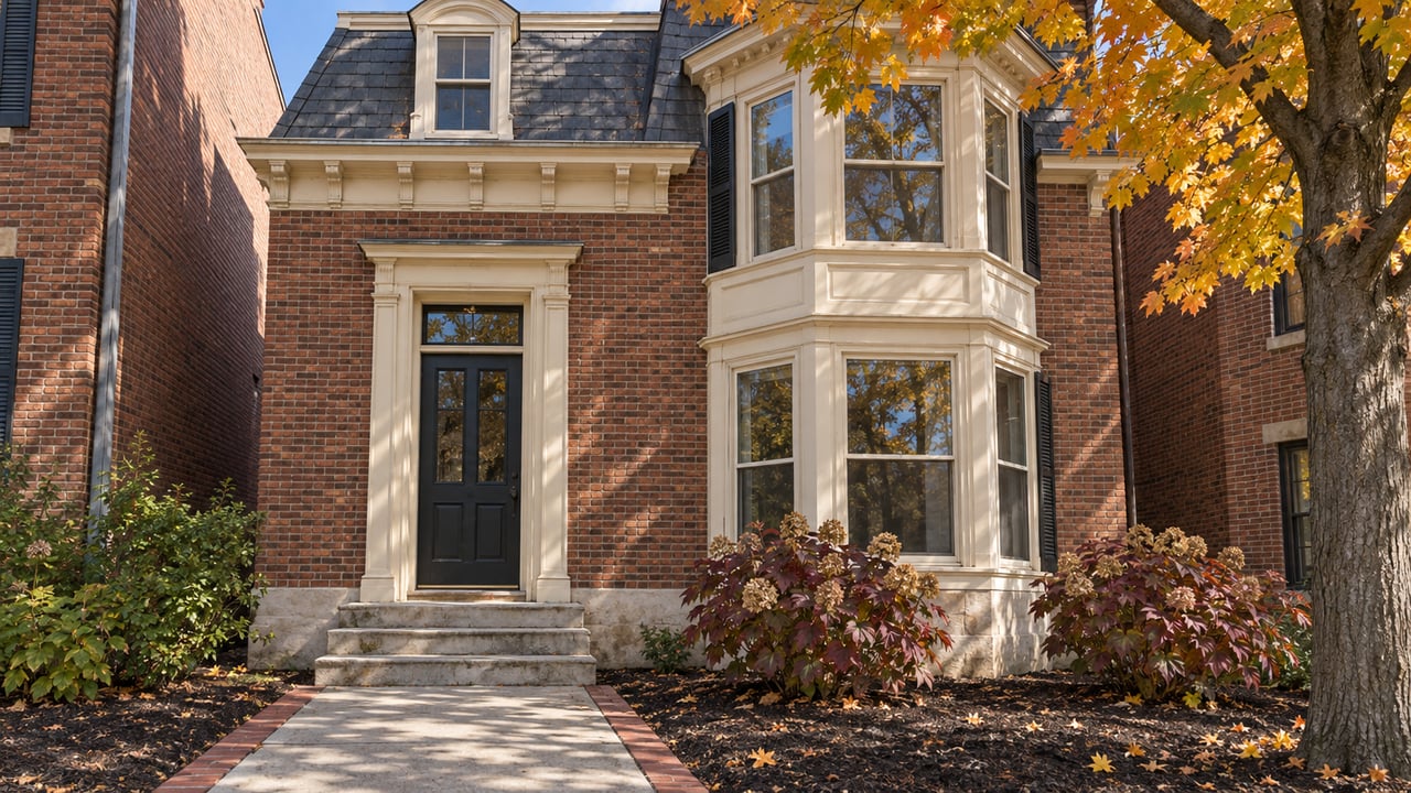 Red-brown brick townhome with cream-trimmed bay windows, a limestone stoop and orange maple foliage in autumn daylight.