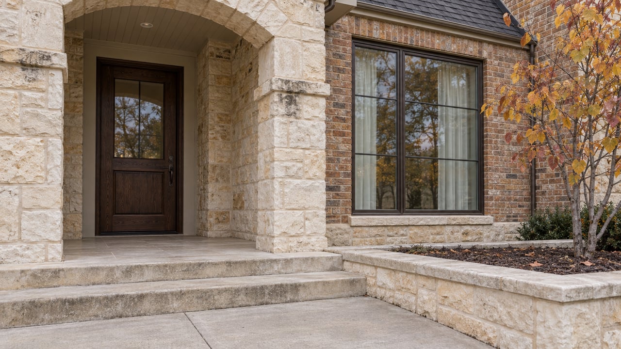 Cream limestone arch shelters a dark oak front door beside a bronze-framed window in warm brick, with broad stone steps and a small autumn redbud.