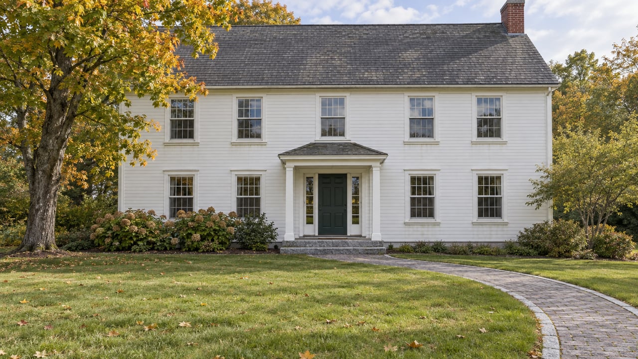 White two-story colonial house with a dark green door and curved stone walkway beneath autumn foliage.