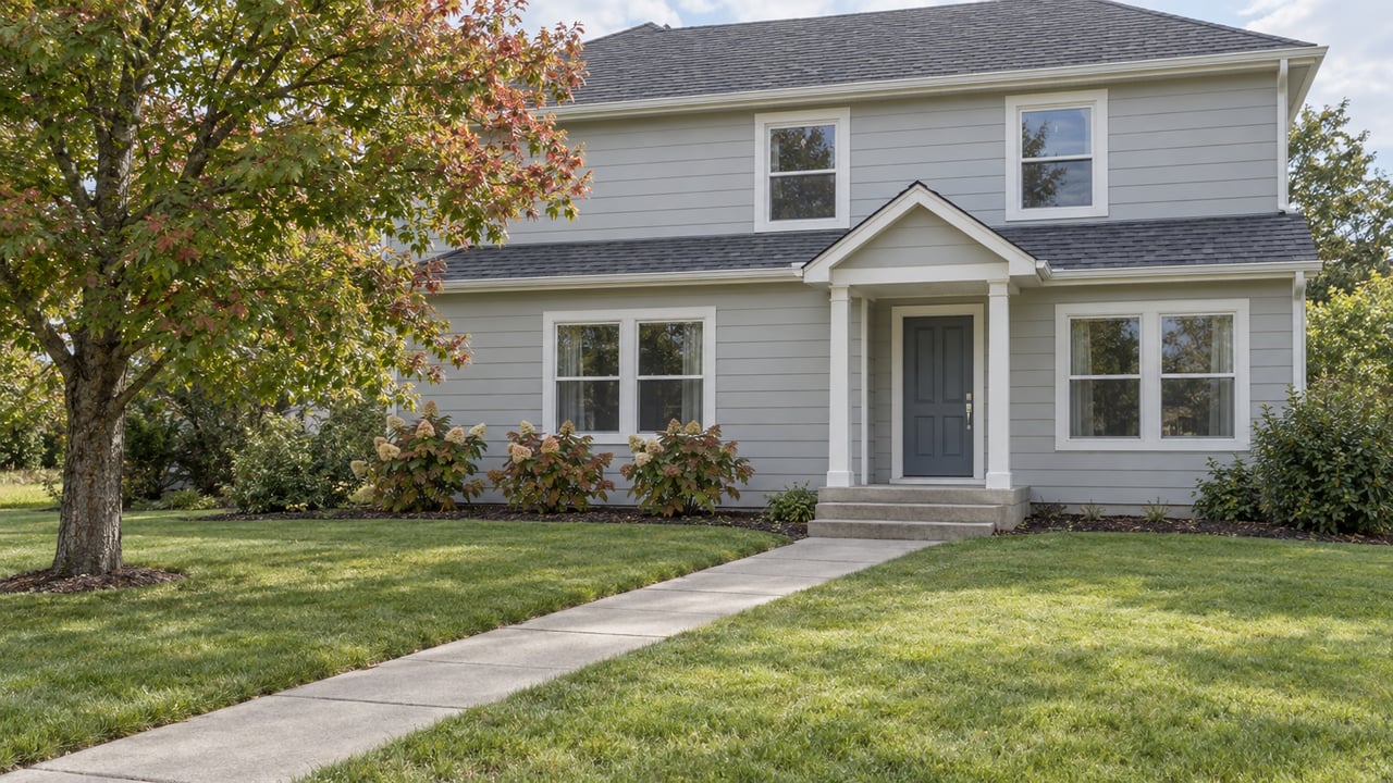 Updated pale-gray two-story home with a gabled porch, broad front lawn, concrete approach and mature red maple.