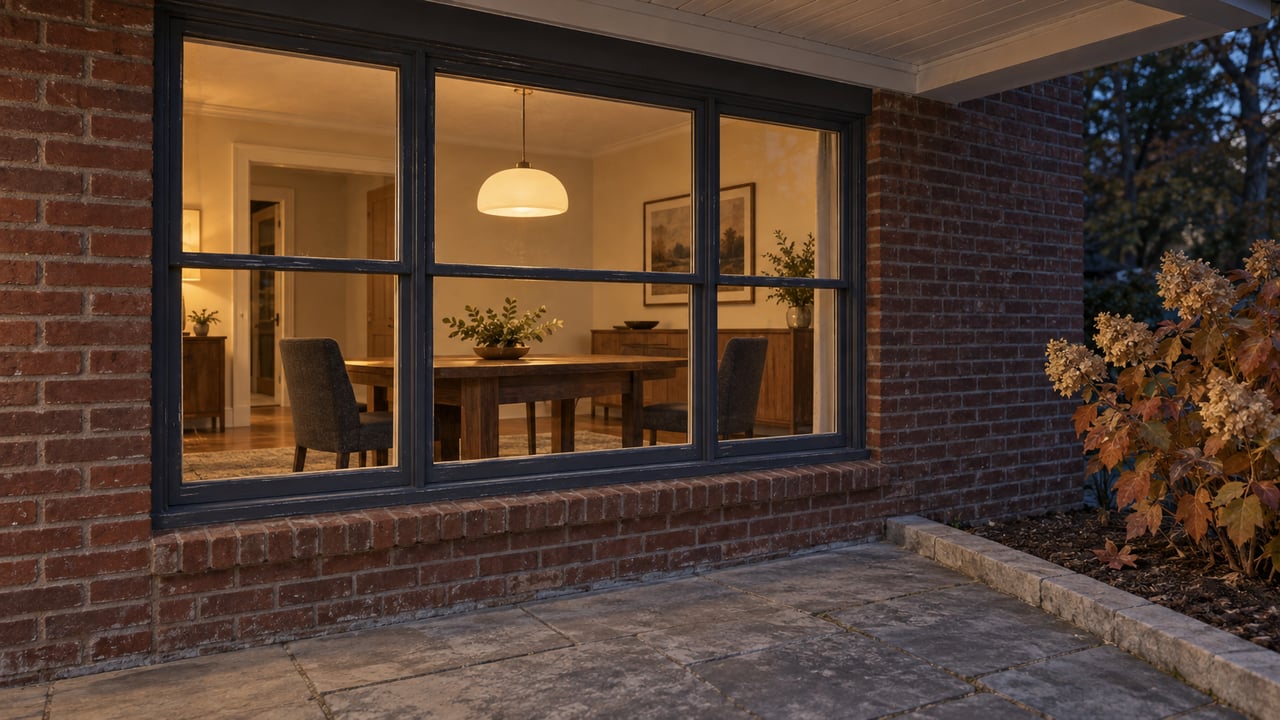 Warm dining-room windows illuminate a weathered brick home beside a limestone terrace and an oakleaf hydrangea in autumn.