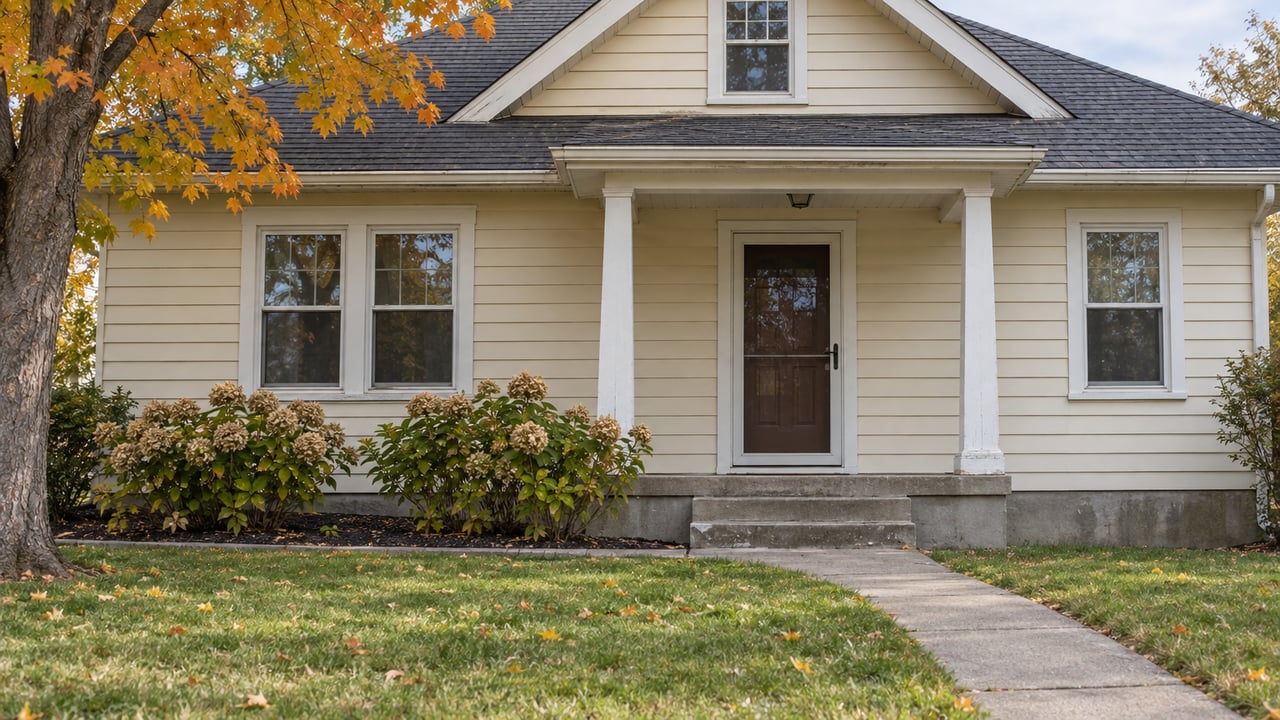 Cream clapboard bungalow with an aging charcoal shingle roof, concrete porch and autumn sugar maple beside the front lawn.