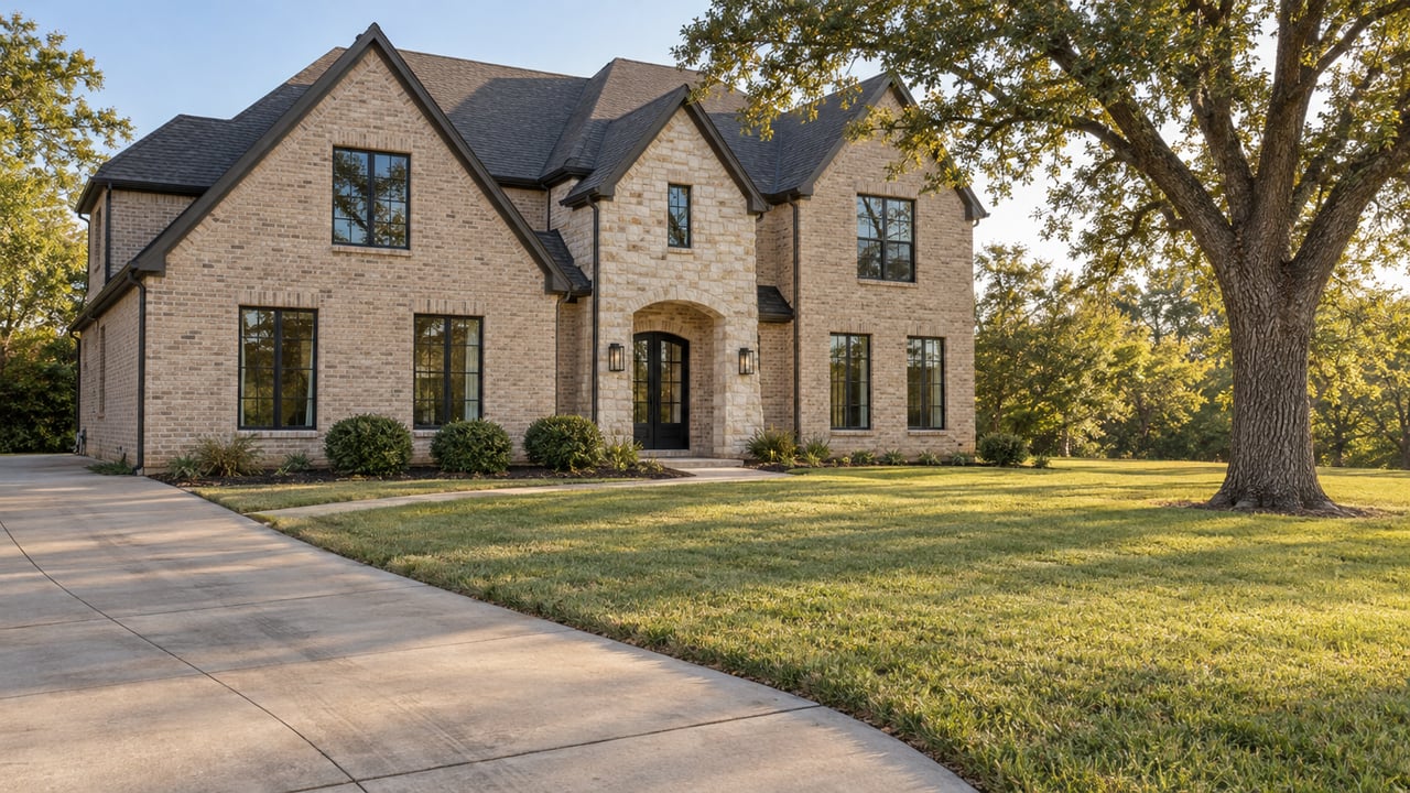 Large brick-and-limestone home behind a broad lawn and curved concrete drive, shaded by a mature oak.
