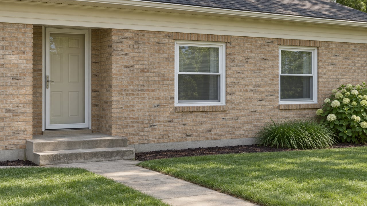 Tan brick mid-century house with a recessed front door, two windows, and a concrete stoop.
