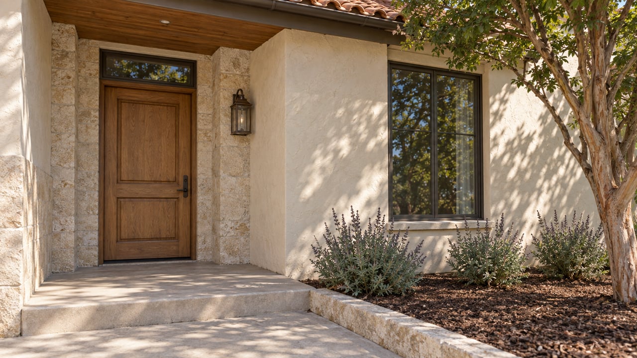 Sunlit stucco home entry with a closed oak door, limestone surround, terracotta roof tiles, and a mature flowering-tree trunk beside the porch.