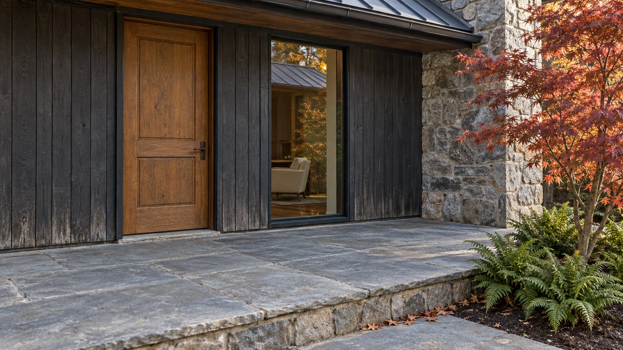 Charcoal timber home entrance with an oak door, tall sealed window, fieldstone pier and weathered bluestone landing beside a copper-red maple.
