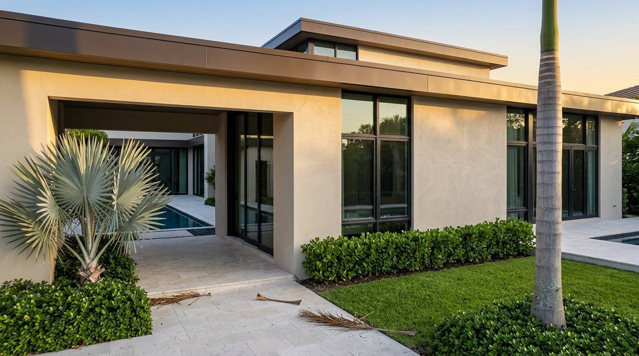 Coastal modern home with sand-toned facade, shaded entry breezeway, silver-blue palm, and a glimpse of the pool.