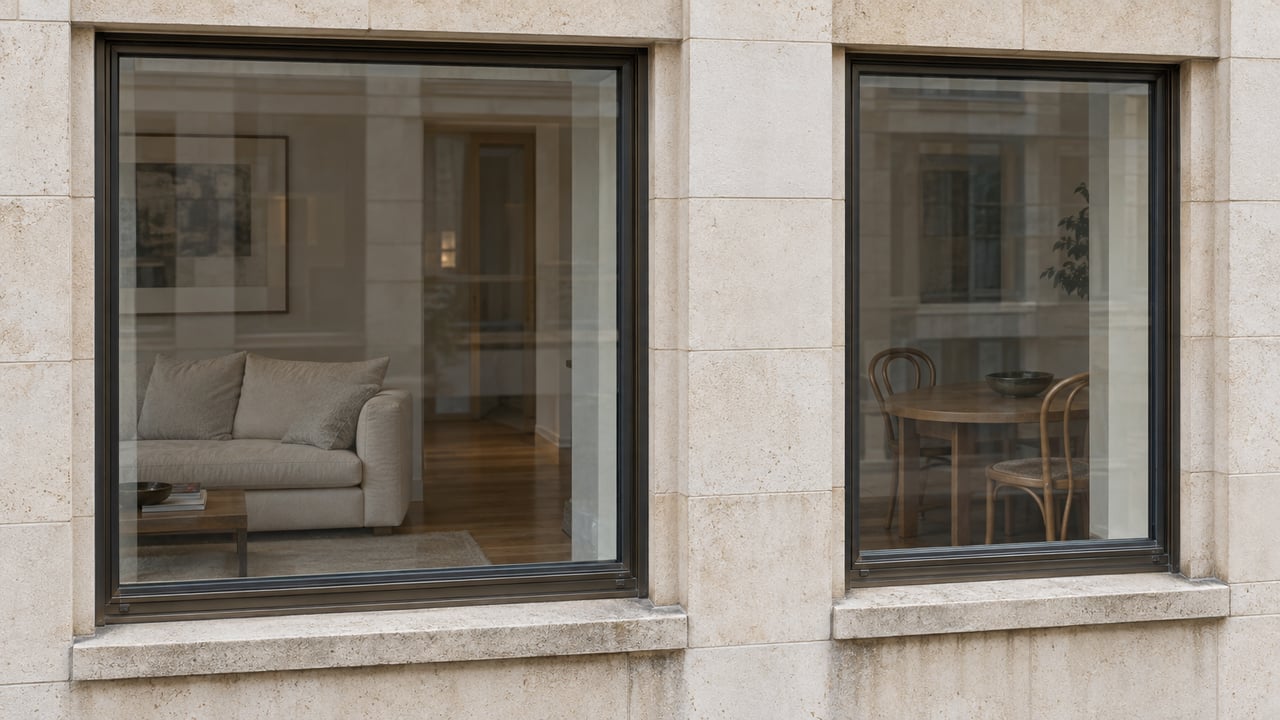 Two bronze-framed apartment windows set in softly weathered pale limestone, with oak furniture and cream upholstery visible behind closed glass.