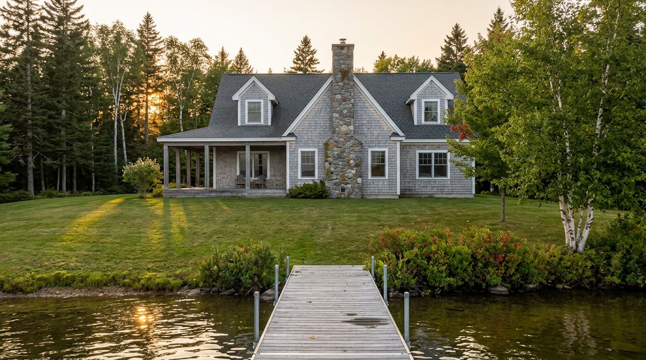 Shingle lake house with a stone chimney beyond a sloping lawn and weathered dock, framed by autumn-tinted trees.