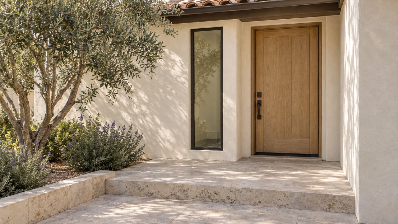 Recessed oak front door in cream stucco, beside a narrow window and an olive tree.