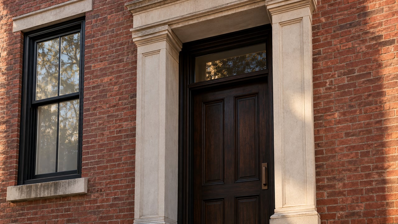 Historic townhouse entrance with a dark oak door, limestone surround, brickwork, and worn stone steps.