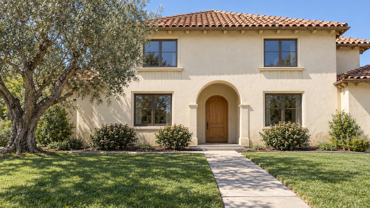 Sunlit two-story stucco home with terracotta roof, recessed arched entry, deep green lawn and a mature olive tree.