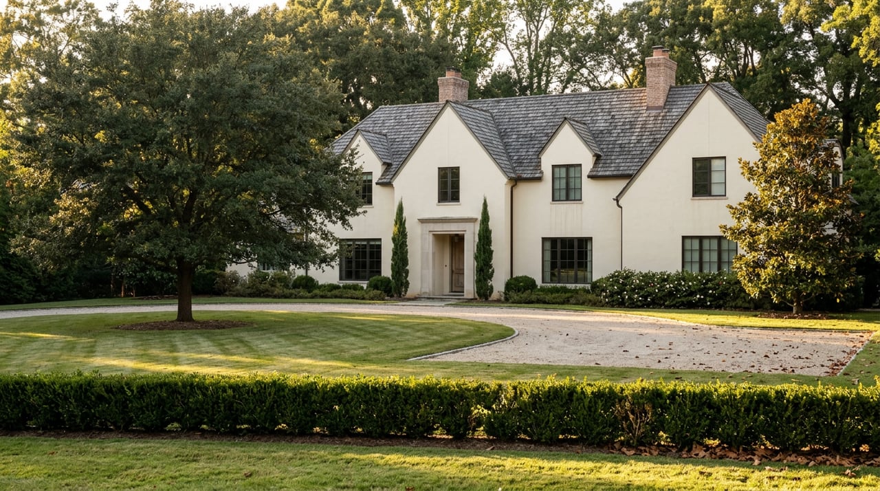 Ivory-stucco estate with a multi-gabled roof beyond a broad lawn and curving gravel drive, framed by oak and hedges.
