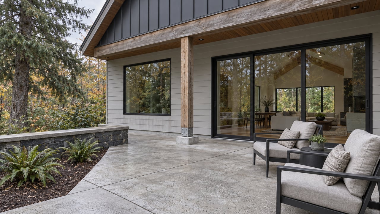 Covered concrete terrace beside a light-gray gabled home with closed black-framed glazing, cedar supports, two outdoor chairs and sword ferns below a basalt edge.