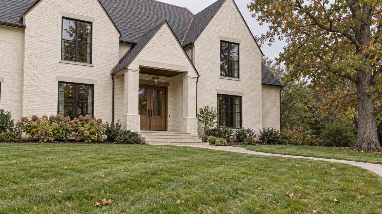 Ivory painted-brick home with tall black windows, limestone porch piers and oak entry doors beyond a deep autumn lawn.