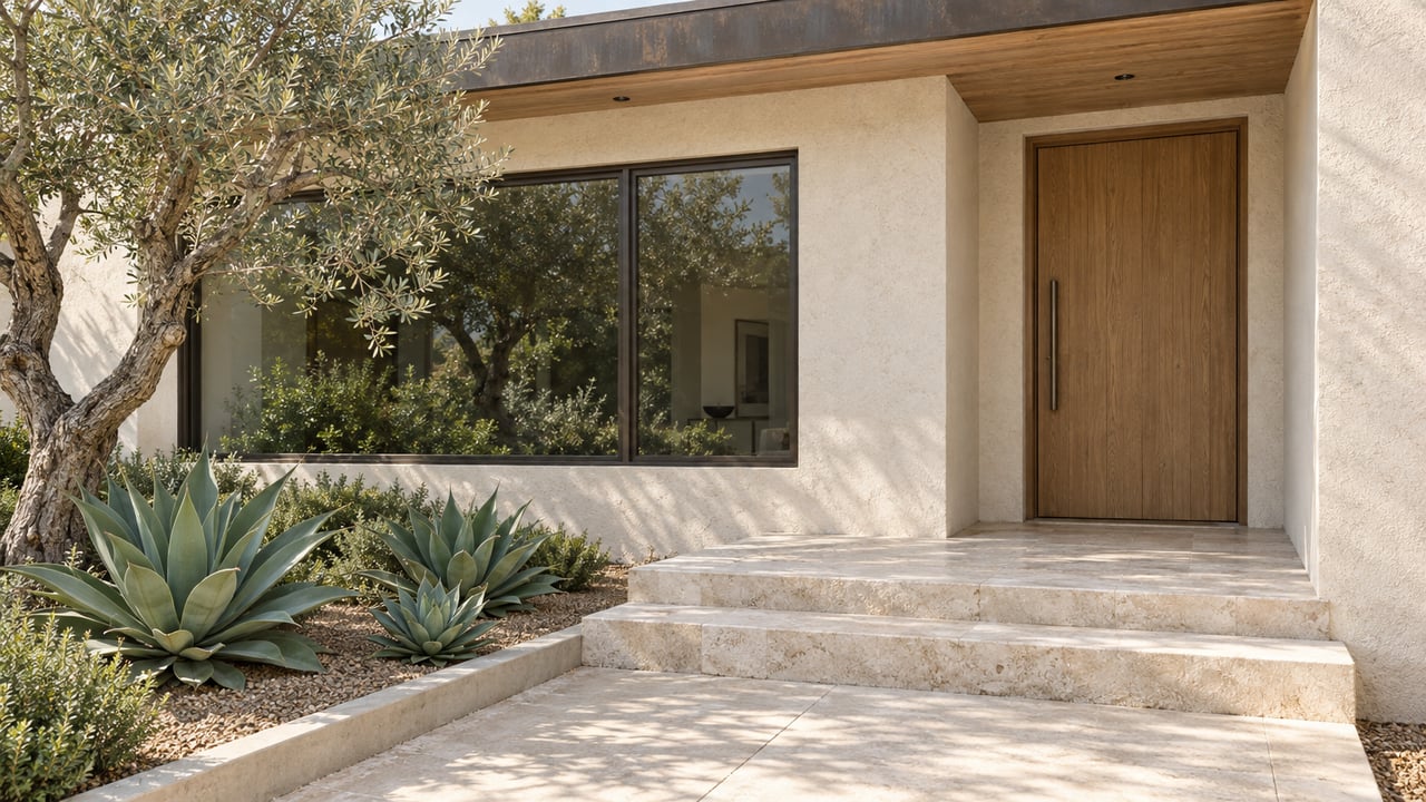 Sunlit stucco home entry with an oak door, bronze-framed window, pale limestone steps and a sculptural olive tree.