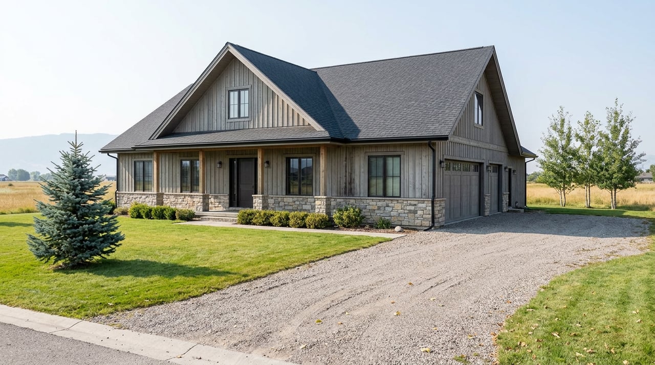 Mountain-contemporary lodge with a gravel drive, broad lawn, and adjoining open pasture.