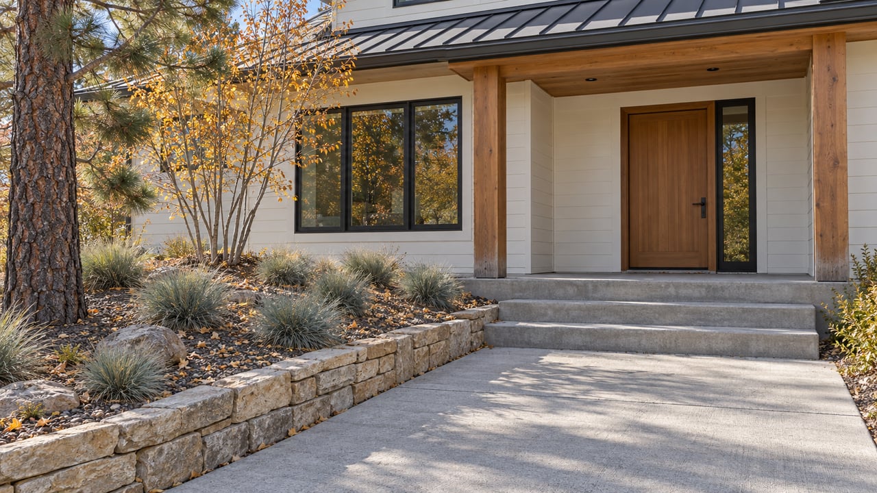 White-sided hillside home with a cedar entry, black-framed windows, concrete steps and a stone-edged autumn planting bed.