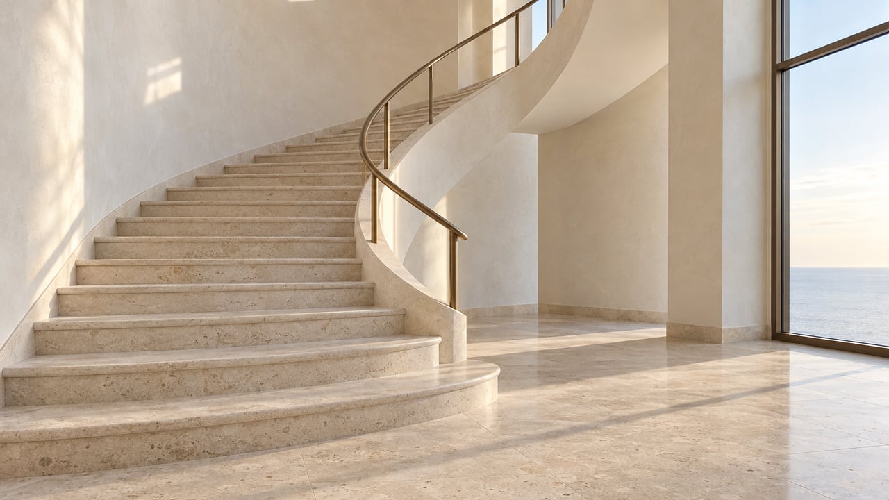 Curved limestone staircase with a bronze handrail beside a tall glazed window in a double-height entry hall.