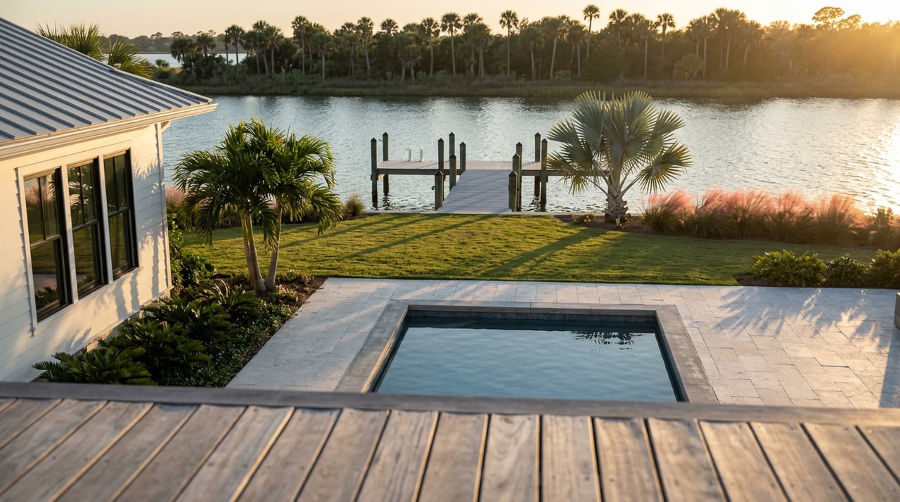 Pool terrace with shellstone pavers, weathered dock, calm canal, and palms beside a white waterfront home.
