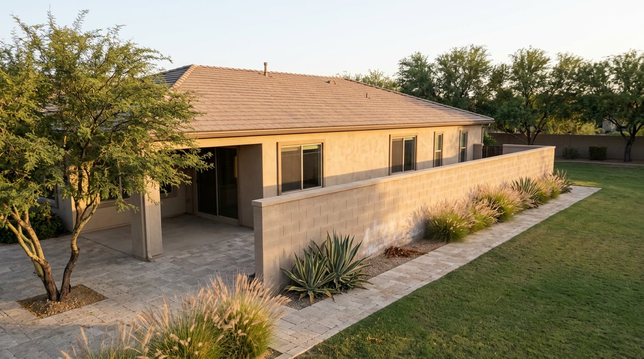 Desert home courtyard with a low masonry wall dividing travertine paving from an open lawn.