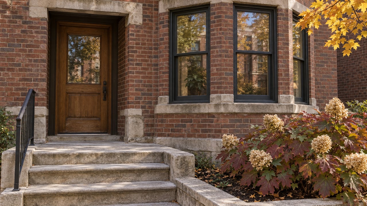 Red-brown brick home with an oak entrance, worn limestone steps, dark-framed bay windows and autumn oakleaf hydrangea.