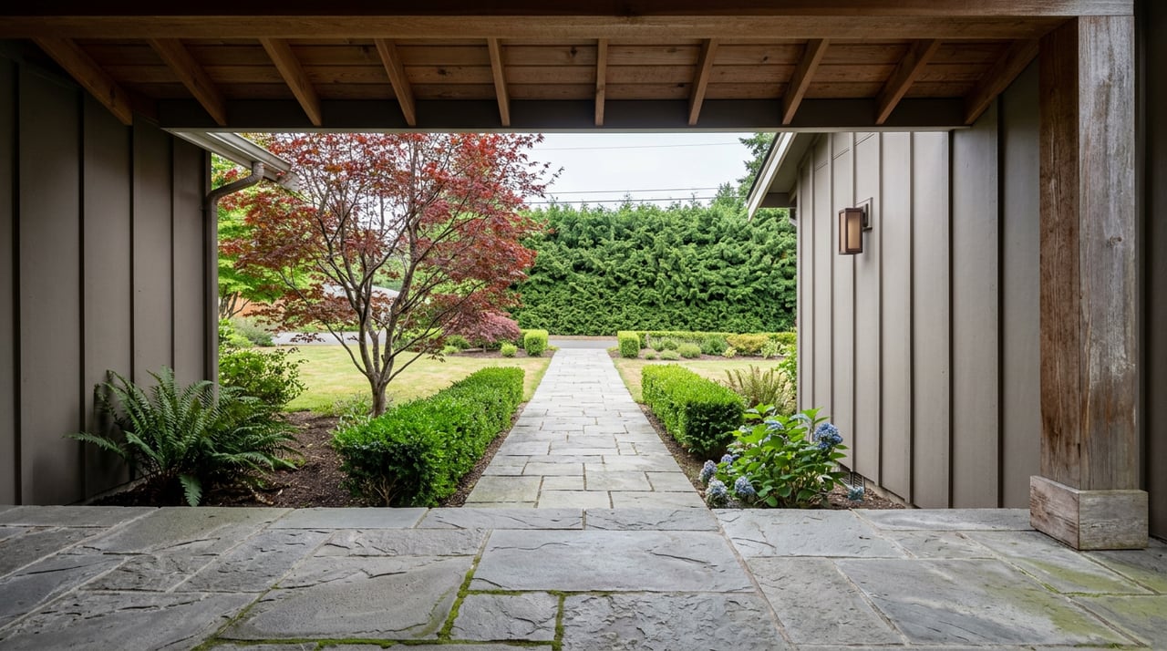 Flagstone path bordered by clipped boxwood leads past a red Japanese maple toward a cedar-lined yard.