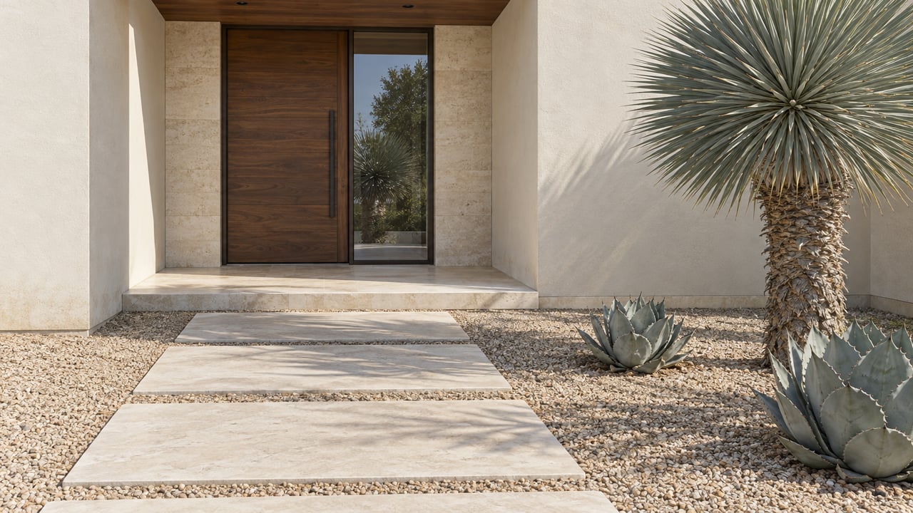 Sunlit limestone approach to a wood-and-glass entrance, framed by cream stucco, a sculptural yucca and two blue-gray agaves.