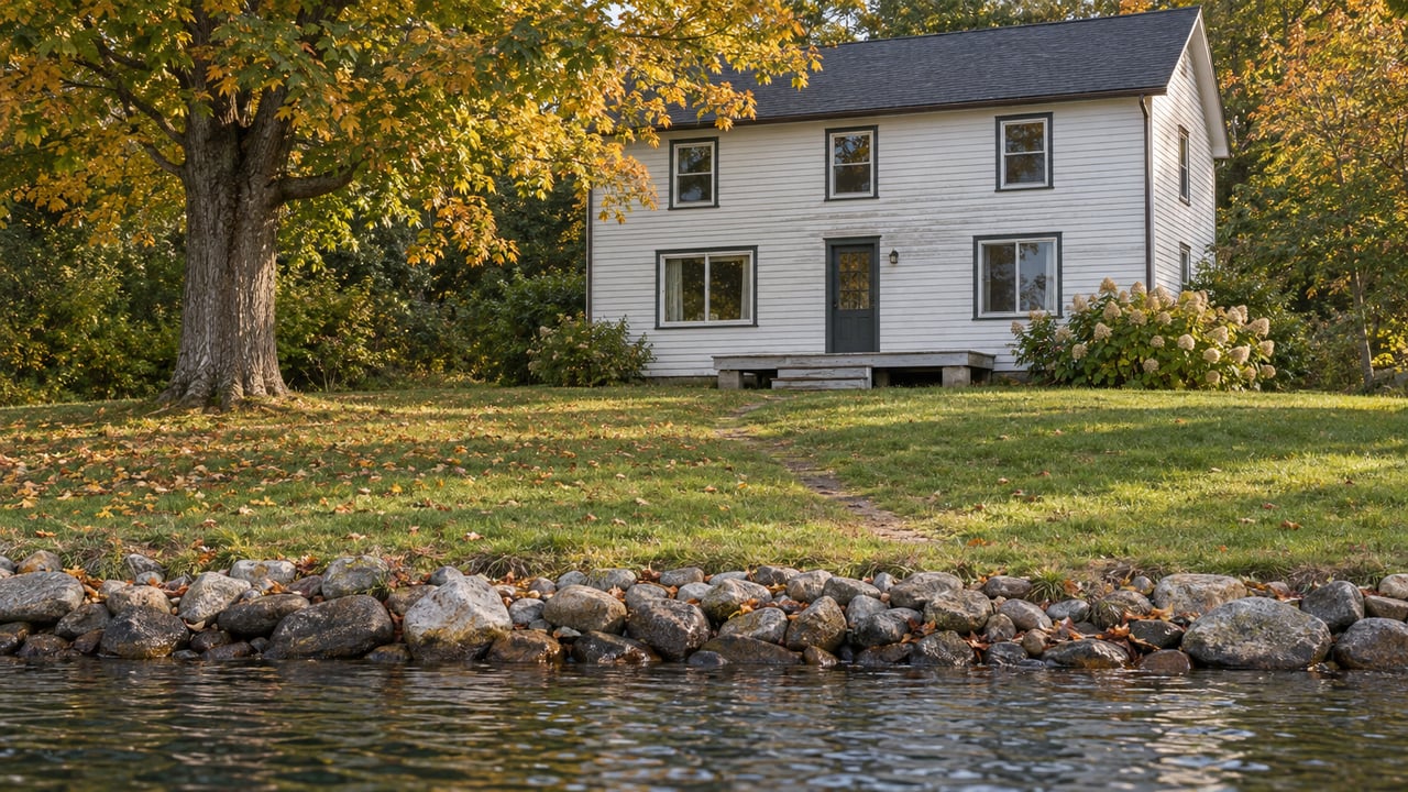 Warm-white lakeside house set back behind a sloped lawn, with a maple tree and stone shoreline.