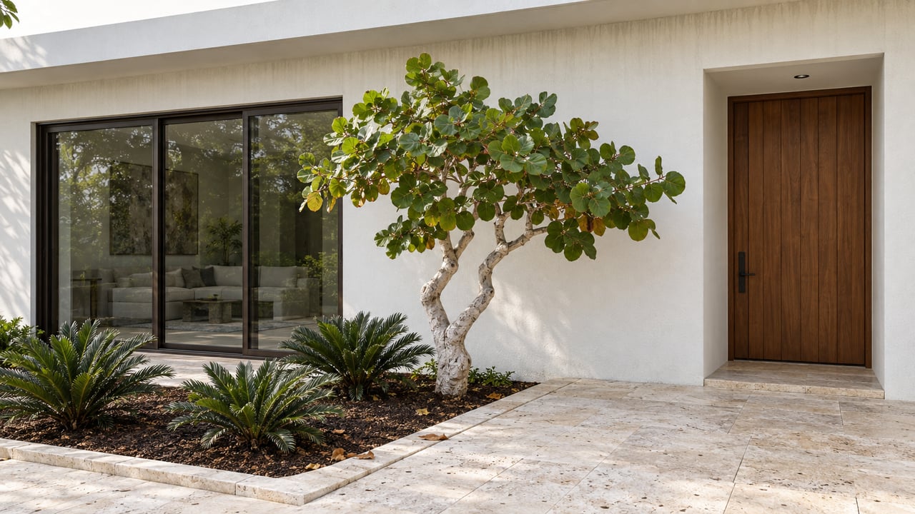 White stucco house with bronze-framed sliding doors, recessed wood entry, and a small tree in a limestone terrace.