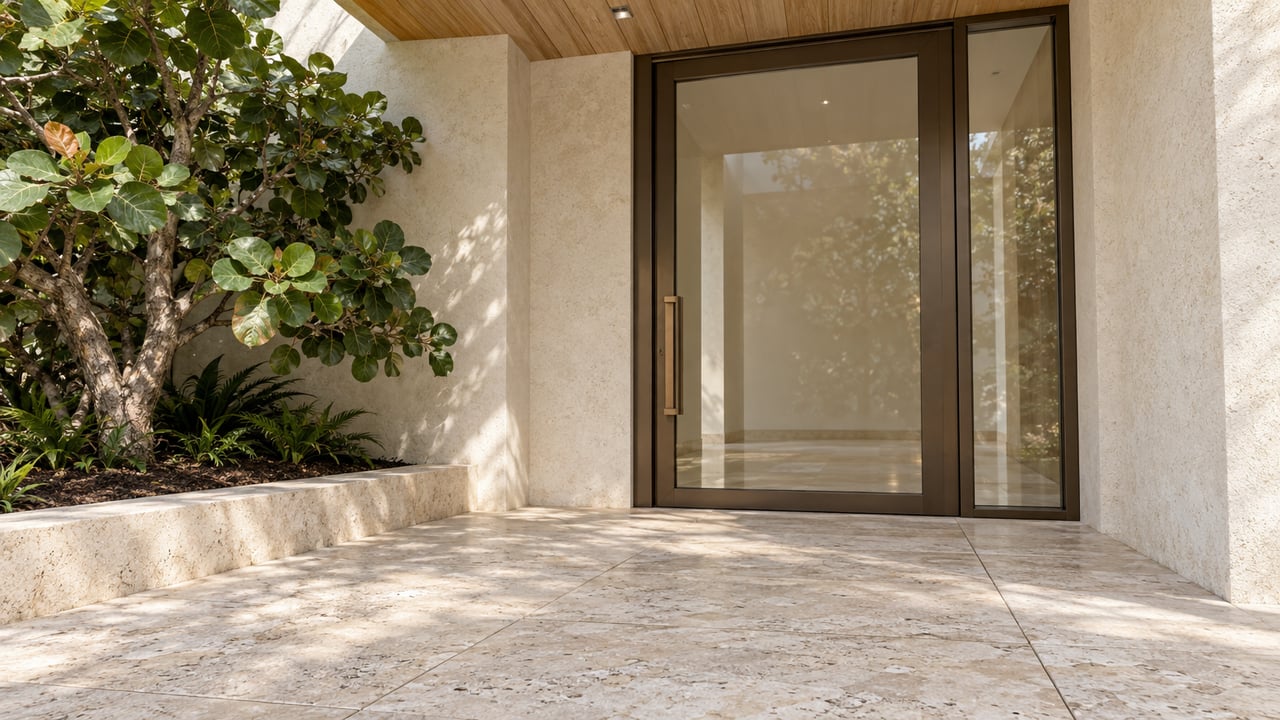 Close view of a glazed residential entrance beneath a wood soffit, with pale limestone paving and a sea grape tree in a bordered planting bed.