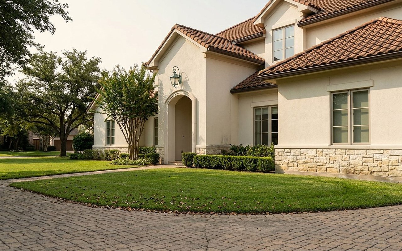Cream stucco house with a red tile roof, arched entry, and landscaped front lawn.