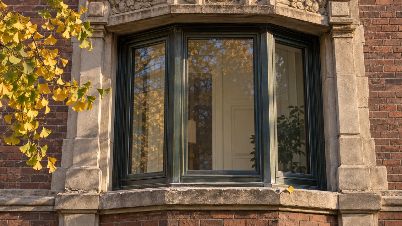 Weathered limestone and brick facade with a closed bronze-framed bay window and yellowing ginkgo leaves.