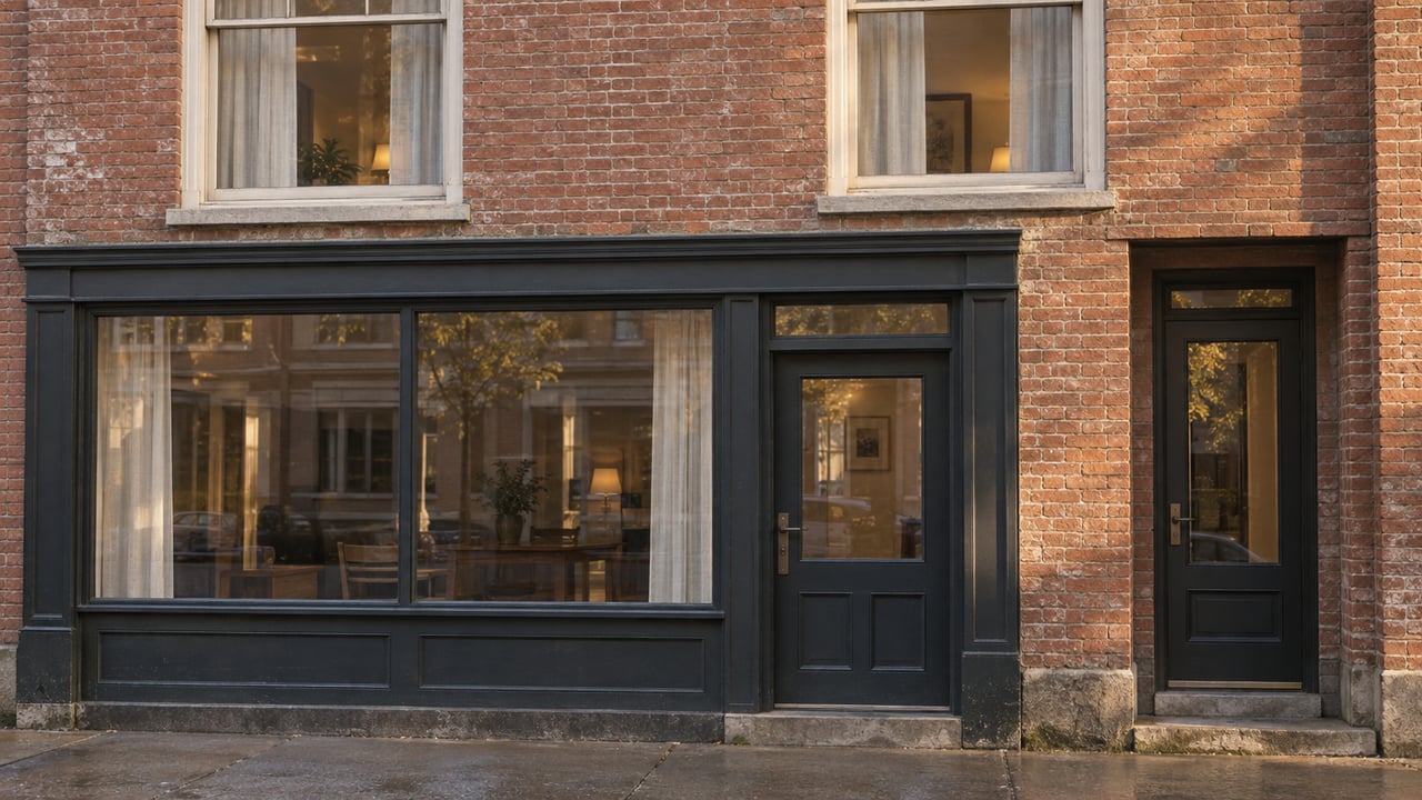 Two-story brick building with curtained upper windows, a storefront, and a separate recessed entrance.
