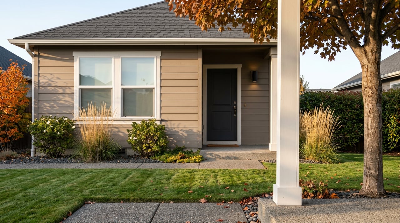 Taupe-sided home with a white covered porch, charcoal door, and russet autumn leaves beside the walk.