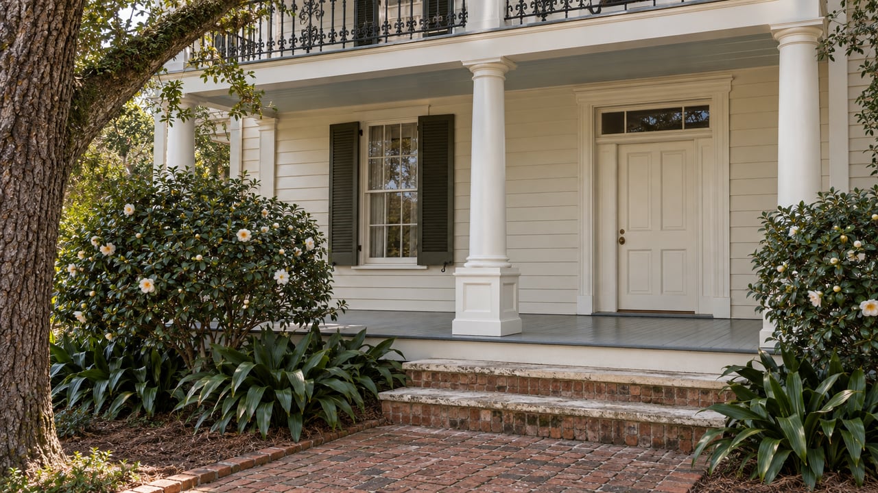 Ivory double-gallery home with dark shutters, worn limestone steps, a brick garden approach and mature camellias.